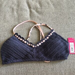 Women’s Navy Crochet swimsuit top with Pink Straps